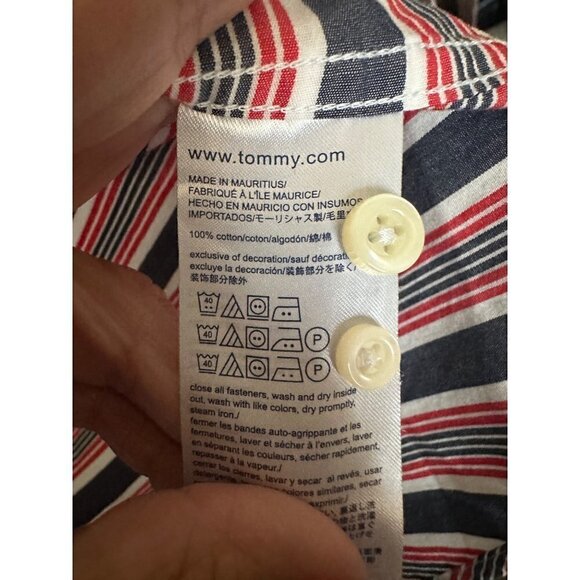 TOMMY HILFILGER Red White & Blue Striped Button Up Shirt Size Large Classic Fit - Picture 4 of 5